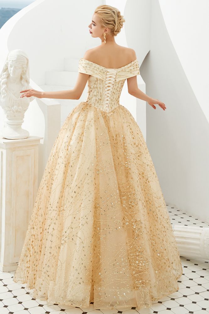 Robe de bal de luxe en tulle à épaules dénudées, ornée de paillettes, robe de princesse pour fête pour filles