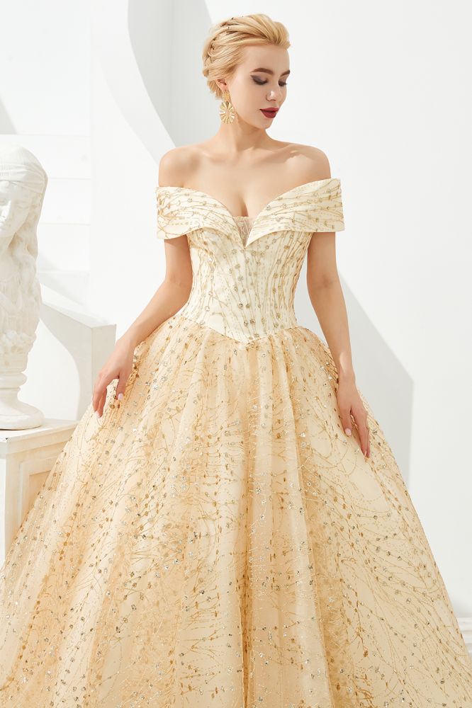Robe de bal de luxe en tulle à épaules dénudées, ornée de paillettes, robe de princesse pour fête pour filles