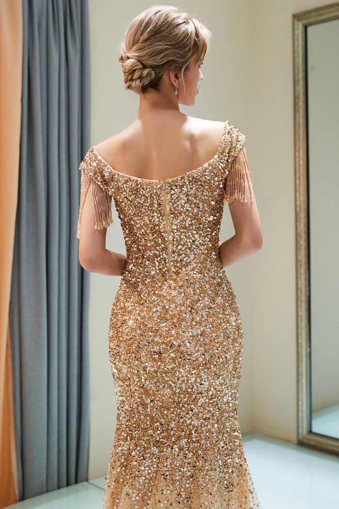 Luxury Off-the-shoulder V-neck Floor Length Sequins Evening Dress