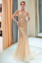 Luxury Off-the-shoulder V-neck Floor Length Sequins Evening Dress