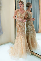 Luxury Off-the-shoulder V-neck Floor Length Sequins Evening Dress