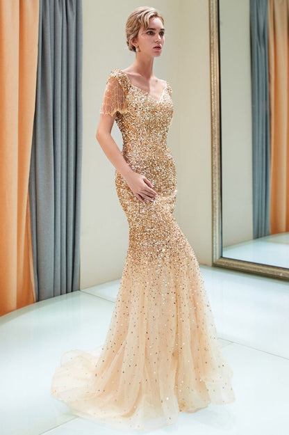 Luxuriöses schulterfreies, bodenlanges Abendkleid mit Pailletten und V-Ausschnitt