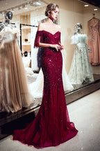 Luxury Off-the-shoulder V-neck Floor Length Sequins Evening Dress