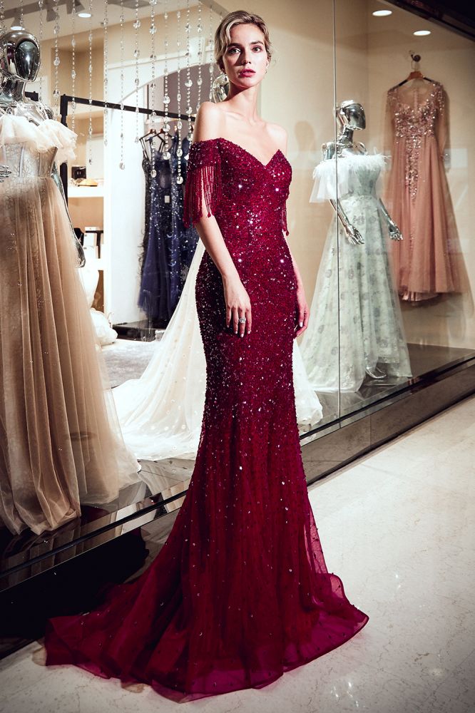 Luxury Off-the-shoulder V-neck Floor Length Sequins Evening Dress