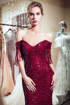 Luxury Off-the-shoulder V-neck Floor Length Sequins Evening Dress
