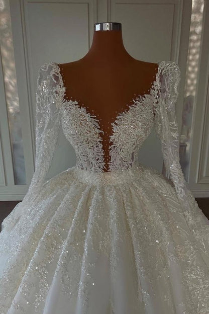 Luxuriöse Prinzessin A-Linie V-Ausschnitt Spitze Brautkleider mit langen Ärmeln