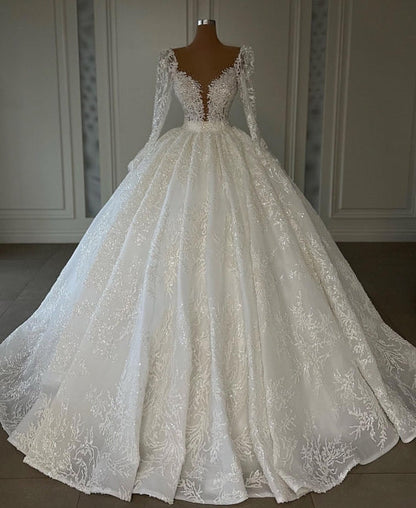 Luxuriöse Prinzessin A-Linie V-Ausschnitt Spitze Brautkleider mit langen Ärmeln