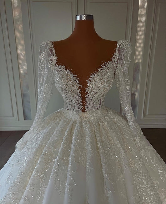 Luxury Princess A-line V-neck Lace Wedding Dresses With Long Sleeves