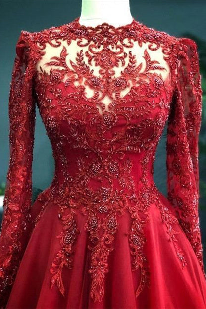 Luxuriöse rote Abendkleider mit Ärmeln Ballkleid mit Spitze 