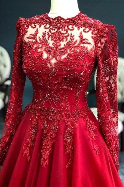 Luxury Red Evening Dresses With Sleeves Prom Dress with Lace