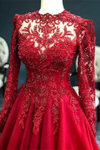 Luxury Red Evening Dresses With Sleeves Prom Dress with Lace