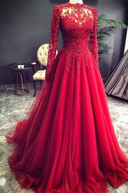 Luxuriöse rote Abendkleider mit Ärmeln Ballkleid mit Spitze 