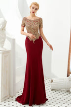 Luxury Short Sleeves Gold Appliques Slim Mermaid Evening Party Dress Floor Length Formal Dress