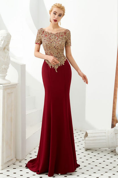 Luxuriöses, kurzärmliges, schlankes Meerjungfrau-Abendkleid mit goldenen Applikationen, bodenlanges Abendkleid