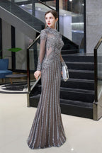 Luxury Sparkly beading High Neck Sheer Tulle Long Prom Dress