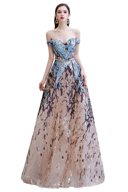 Vestido de fiesta de lujo con lentejuelas brillantes y hombros descubiertos, largo hasta el suelo