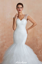 Luxury V-Neck Cap Sleeve Beach Lace up White Bridal Gowns with Sequins