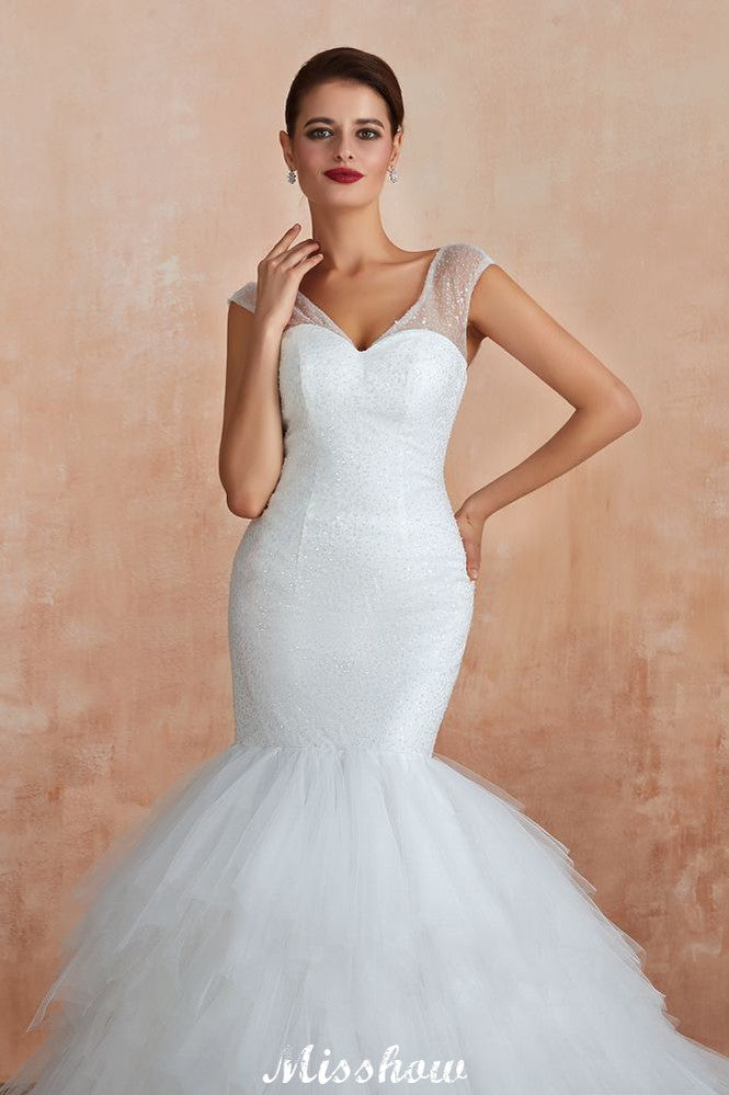 Luxury V-Neck Cap Sleeve Beach Lace up White Bridal Gowns with Sequins