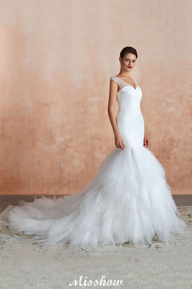 Luxury V-Neck Cap Sleeve Beach Lace up White Bridal Gowns with Sequins