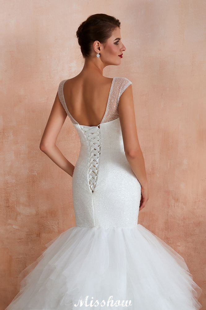 Luxury V-Neck Cap Sleeve Beach Lace up White Bridal Gowns with Sequins