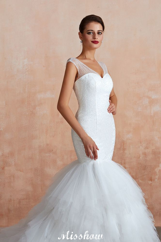 Luxury V-Neck Cap Sleeve Beach Lace up White Bridal Gowns with Sequins