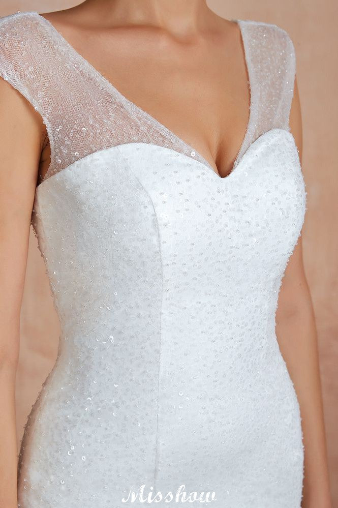 Luxury V-Neck Cap Sleeve Beach Lace up White Bridal Gowns with Sequins