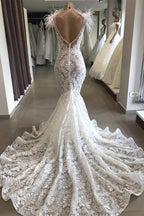 Luxury White Hollow Sweetheart Open Back Lace Long Wedding Dress with Fur Neckline