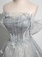 Abito da sera in tulle a linea A con spalle scoperte, grazioso corpetto, abito da festa lungo fino a terra