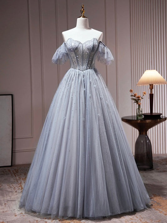 Vestido de fiesta de tul gris con hombros descubiertos y cuentas, vestido formal de tul en forma de A, vestido de fiesta