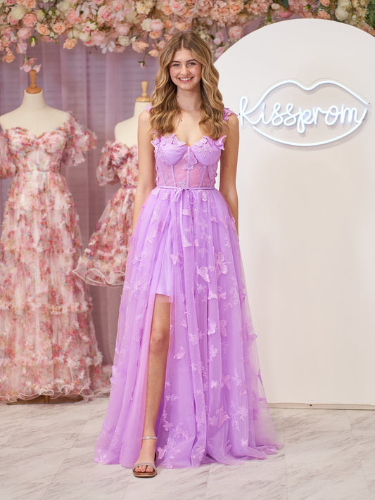 Vestido de fiesta con corsé lila, corte A, encaje de mariposa y abertura
