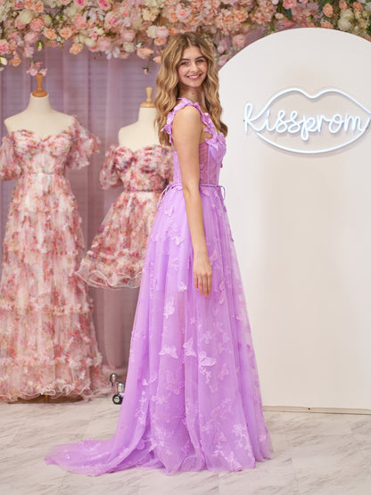 Vestido de fiesta con corsé lila, corte A, encaje de mariposa y abertura