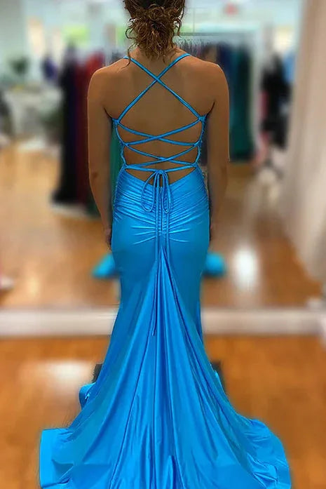 Barrie | Robe longue de bal en satin bleu à fines bretelles spaghetti et dos croisé