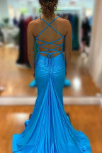 Barrie | Robe longue de bal en satin bleu à fines bretelles spaghetti et dos croisé