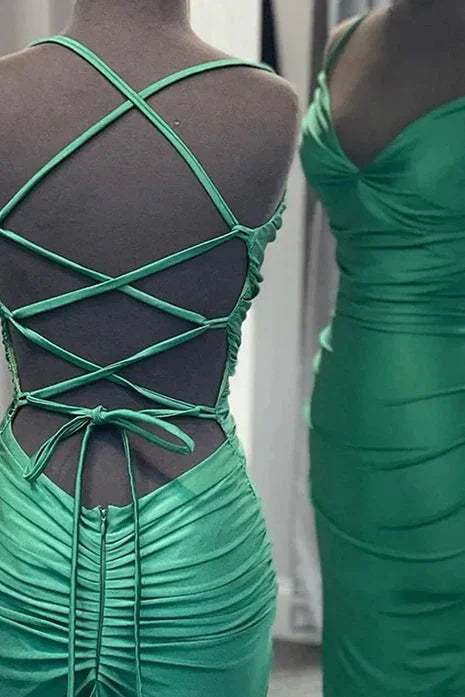 Barrie | Robe longue de bal en satin bleu à fines bretelles spaghetti et dos croisé