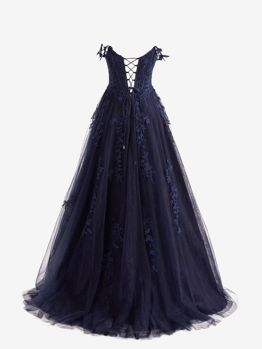 Robe de bal en tulle à dentelle, décolleté cœur, coupe trapèze avec fente