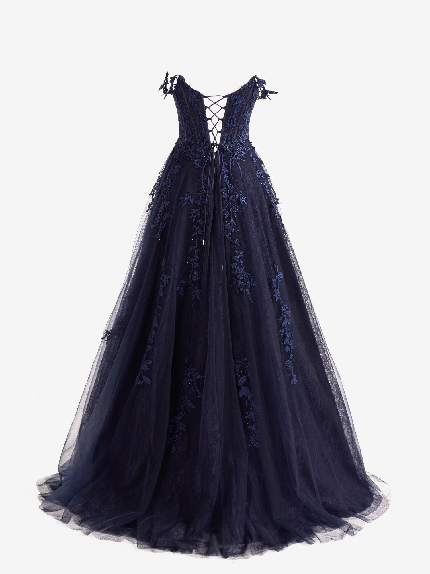 Robe de bal en tulle à dentelle, décolleté cœur, coupe trapèze avec fente