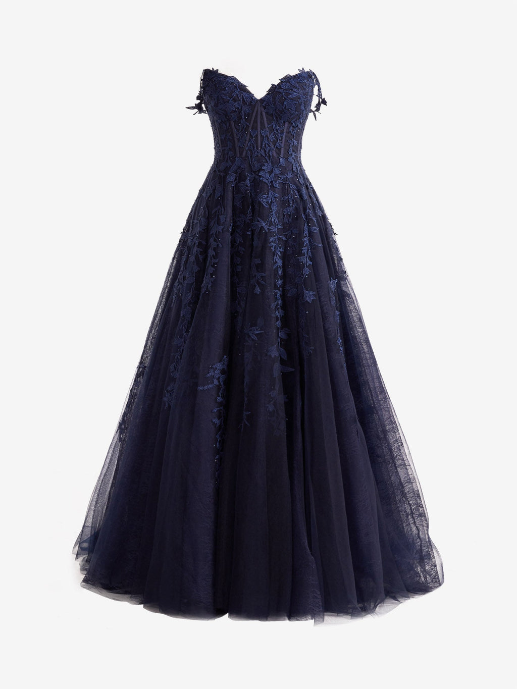 Robe de bal en tulle à dentelle, décolleté cœur, coupe trapèze avec fente