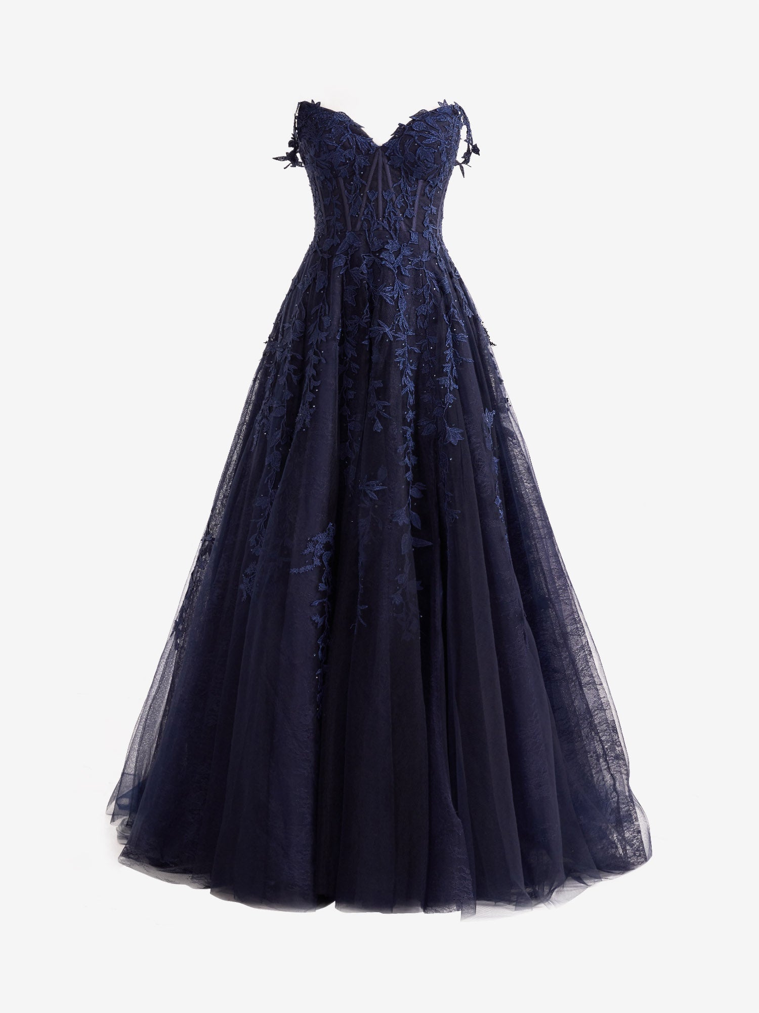 Robe de bal en tulle à dentelle, décolleté cœur, coupe trapèze avec fente