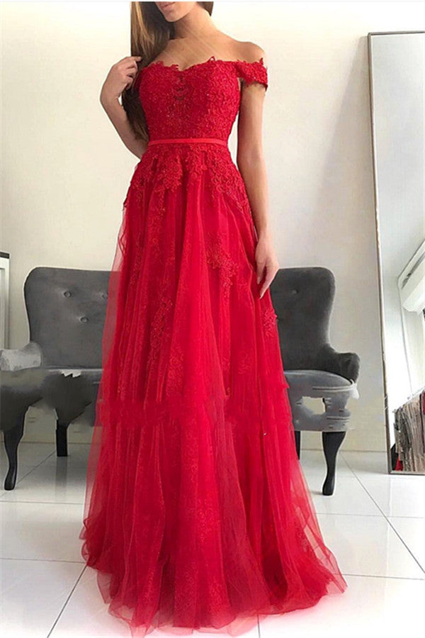 Maravilloso vestido de fiesta largo de tul con encaje y hombros descubiertos en forma de A