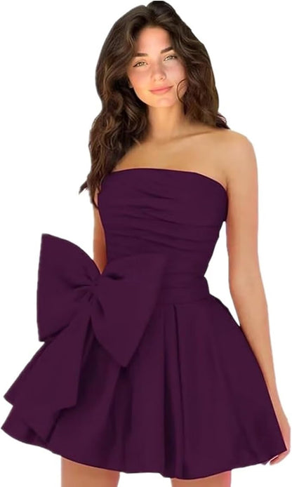 Vestidos de fiesta cortos y elegantes de corte A, sin mangas, sin tirantes, fruncidos, con cordones y lazo