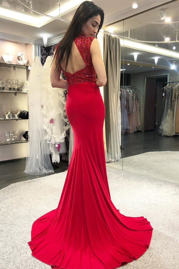 Robe de bal longue en satin à perles, dos ouvert, coupe sirène