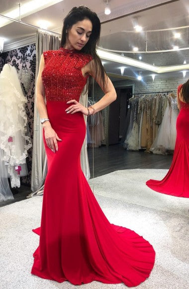 Robe de bal longue en satin à perles, dos ouvert, coupe sirène