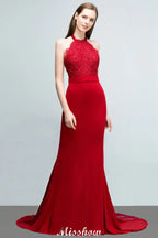 Abito da damigella d'onore senza maniche con scollo all'americana in pizzo charmeuse sirena, abito da sera lungo fino a terra