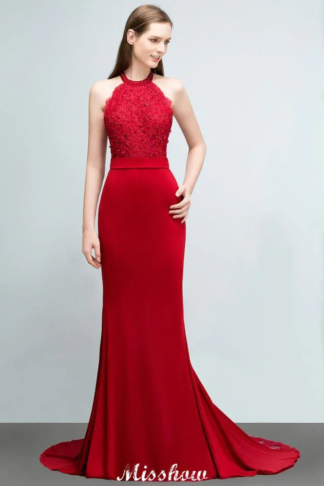 Abito da damigella d'onore senza maniche con scollo all'americana in pizzo charmeuse sirena, abito da sera lungo fino a terra