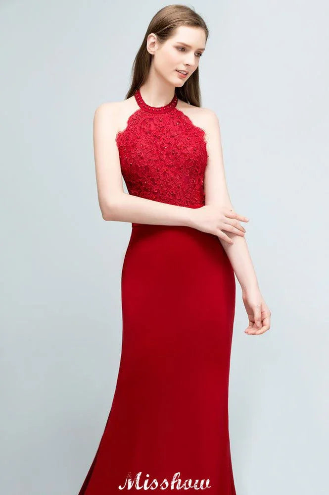 Robe de demoiselle d'honneur longue jusqu'au sol en charmeuse de sirène avec dentelle, dos nu et sans manches