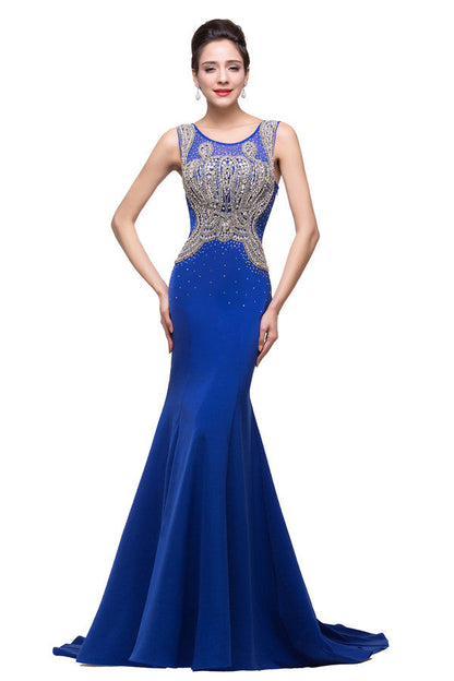 Mermaid Crew Sweep-length Blue Formal Dresses With Applique