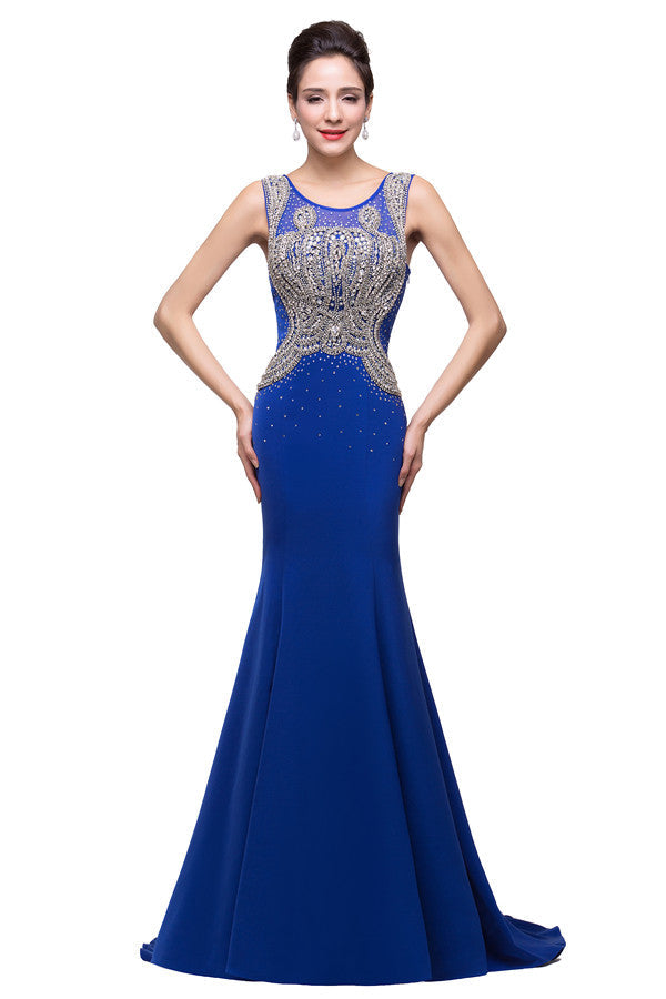 Mermaid Crew Sweep-length Blue Formal Dresses With Applique