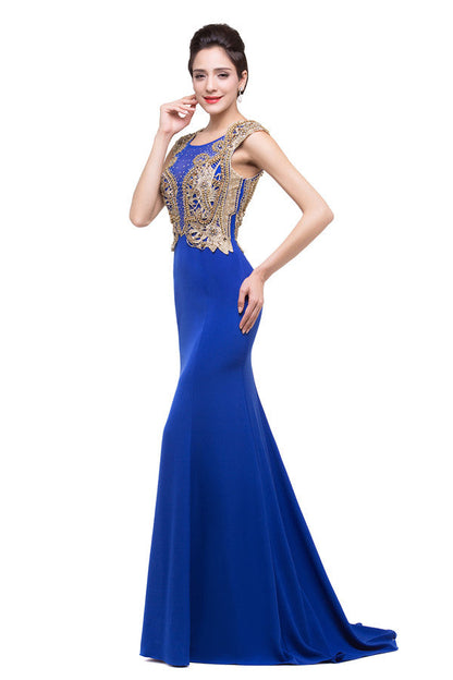 Mermaid Crew Sweep-length Blue Formal Dresses With Applique