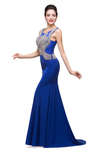 Mermaid Crew Sweep-length Blue Formal Dresses With Applique