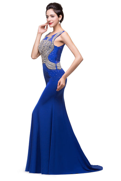 Mermaid Crew Sweep-length Blue Formal Dresses With Applique